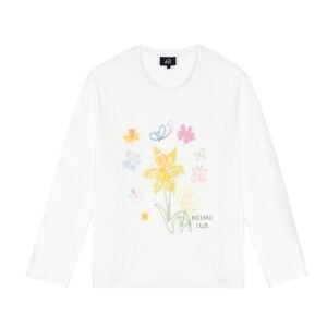 White Plant Print Long Sleeve T-Shirt Loose Feel Sun Protection Cover-Up